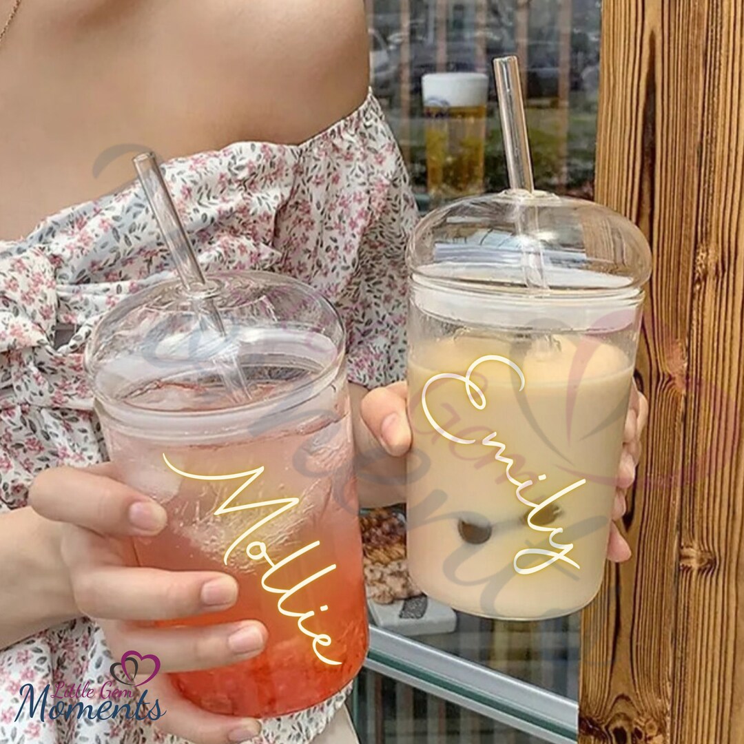 Personalised Glass Tumbler With Dome Lid. Custom 450ml Cup With Lid