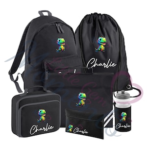 Méga lot d'articles essentiels pour la rentrée scolaire personnalisé. Cartable dinosaure coquin/sac à lunch/trousse à crayons/bouteille d'eau/sac de sport/cartable. Garçon Dino