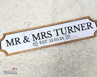 Personalised Mr & Mrs Traditional Road Sign with Oak Trim. Bespoke Wedding Gift. Custom Vintage Indoor Plaque. Anniversary. Wedding Decor.