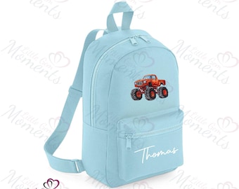 Zaino personalizzato per bambini con mini Monster Truck. Zaino per la scuola materna. Zaino per bambini con ricamo personalizzato e nome. Regalo per maschietti.