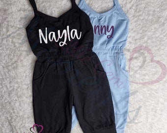 Personalised Girls Summer Playsuit. Kids Blue Knee Length Jumpsuit. Girls Black Knee Length Romper. Summer Outfit. Custom Holiday Clothes.