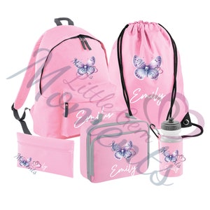 Ensemble papillon personnalisé Mega Essentials pour la rentrée des classes. Cartable pour enfants/sac à lunch/trousse à crayons/bouteille d'eau/sac de sport. Set d'école pour filles