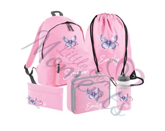 Personalizowany zestaw Butterfly Mega Back To School Essentials Bundle. Dziecięca torba szkolna/torba na lunch/piórnik/butelka na wodę/torba na siłownię. Dziewczęcy zestaw szkolny