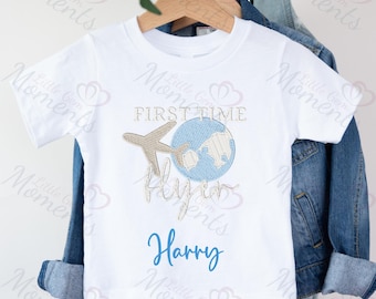Personalised First Time Flyer Holiday T-shirts. Custom Airport Outfit. Kids 1st Time Flyer Top with Name. First Holiday Keepsake Tshirt.