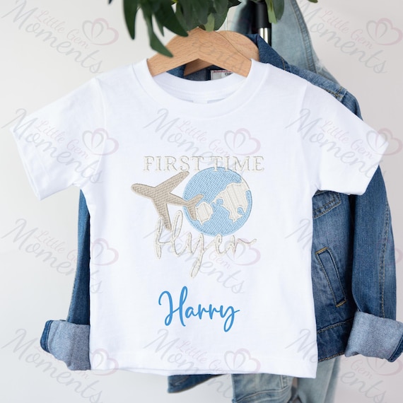 Personalised First Time Flyer Holiday T-shirts. Custom Airport Outfit. Kids 1st Time Flyer Top with Name. First Holiday Keepsake Tshirt.