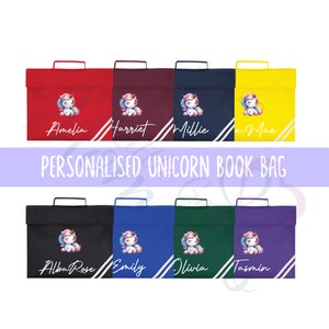 Cartable licorne personnalisé avec nom. Les indispensables de la rentrée. Sac de bibliothèque pour école primaire. Cartable licorne pour fille. Cadeau pour les enfants