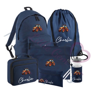 Mega pack personnalisé de produits essentiels pour la rentrée des classes pour tracteur. Cartable/sac à lunch/trousse à crayons/bouteille d'eau/sac de sport/cartable. Ensemble de tracteur