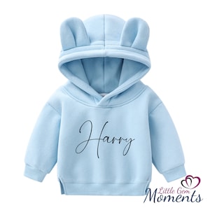 Personalised Bear Hoodie Matching Family Sizes. Blue Bear Hoodies. Blue Teddy Bear Hoodie with Name. Matching Sibling Hoodie. Cosy Hoodies zdjęcie 1