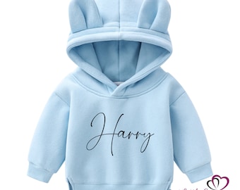 Gepersonaliseerde beer-hoodie - bijpassende familiematen. Blauwe beer hoodies. Blauwe teddybeer hoodie met naam. Bijpassende broer of zus hoodie. Gezellige hoodies