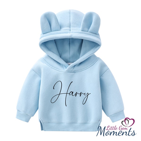Personalised Bear Hoodie - Matching Family Sizes. Blue Bear Hoodies. Blue Teddy Bear Hoodie with Name. Matching Sibling Hoodie. Cosy Hoodies