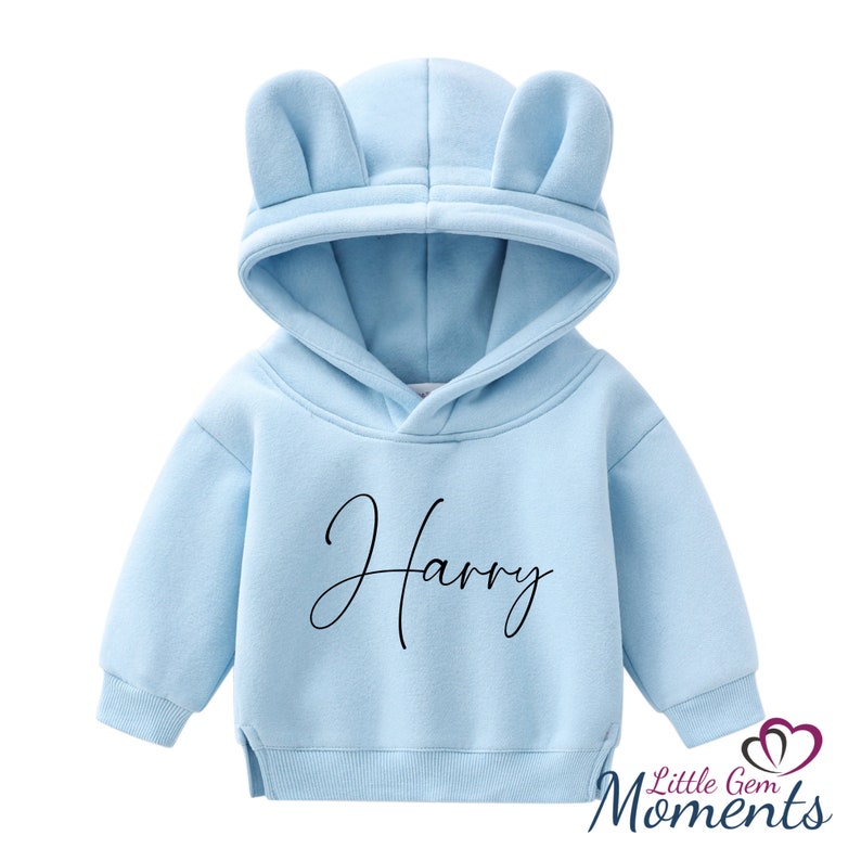 Personalised Bear Hoodie Matching Family Sizes. Blue Bear Hoodies. Blue Teddy Bear Hoodie with Name. Matching Sibling Hoodie. Cosy Hoodies zdjęcie 1