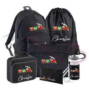 Lot d'essentiels personnalisés Train pour la rentrée. Cartable pour enfants/sac à lunch/trousse à crayons/bouteille d'eau/sac de sport/cartable.