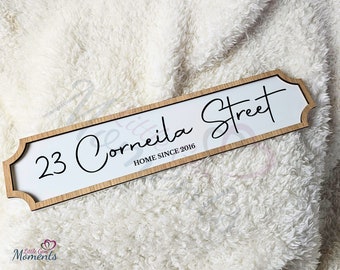 Personalised Address Traditional Road Sign with Oak Trim. Bespoke Housewarming Gift. Custom Vintage Indoor Plaque. Anniversary. Wedding Gift