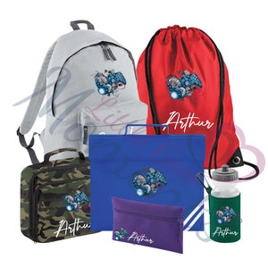 Lot de grands articles de jeu personnalisés pour la rentrée des classes. Cartable pour enfants/sac à lunch/trousse à crayons/bouteille d'eau/sac de sport. Set scolaire pour gamers