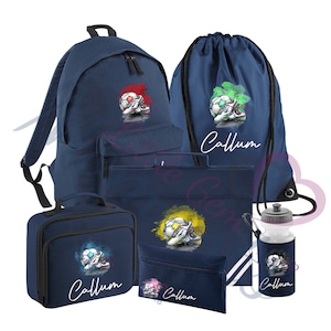 Lot d'accessoires de football personnalisés Mega pour la rentrée des classes. Cartable pour enfants/sac à lunch/trousse à crayons/bouteille d'eau/sac de sport/cartable.