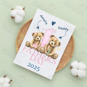 1ère carte personnalisée pour la fête des pères. Carte de voeux entièrement personnalisée pour papa. Carte A5 bébé et papa ours en peluche. Cadeau pour lui - Design rose