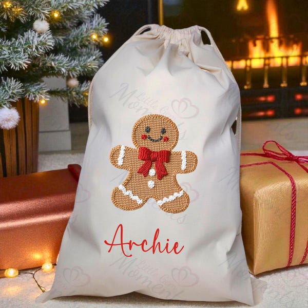 Personalised Christmas Santa Sack - Gingerbread Man Design. Premium Custom Xmas Gift Sack with Name. Gift Bag for Kids Christmas Presents.