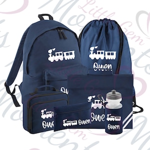 Lot d'essentiels personnalisés Train pour la rentrée. Cartable pour enfants/sac à lunch/trousse à crayons/bouteille d'eau/sac de sport/cartable.