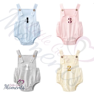 Personalised Birthday Cake Smash Outfit. Birthday Dungaree Romper. Baby Birthday Photoshoot Outfit. Name and Age. Pink. Blue. Grey. Yellow.