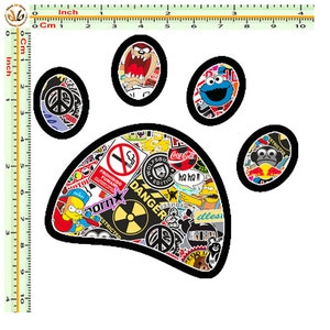 Adesivo sticker bomb impronta cane stampato su pvc scontornato quantita 1 pezzo misure come da immagine