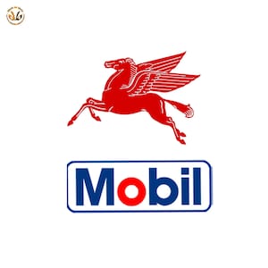 Peut inclure: Un logo de cheval ailé rouge avec le mot "Mobil" en lettres bleues avec un cercle rouge dans le "o".