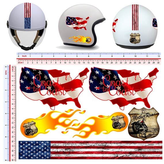 Stickers Helmet Reflectors Contoured Flames U.S.A. Flag Route 66 Sticker  Helmet Print Pvc Cropped Reflective 6 Pcs. 