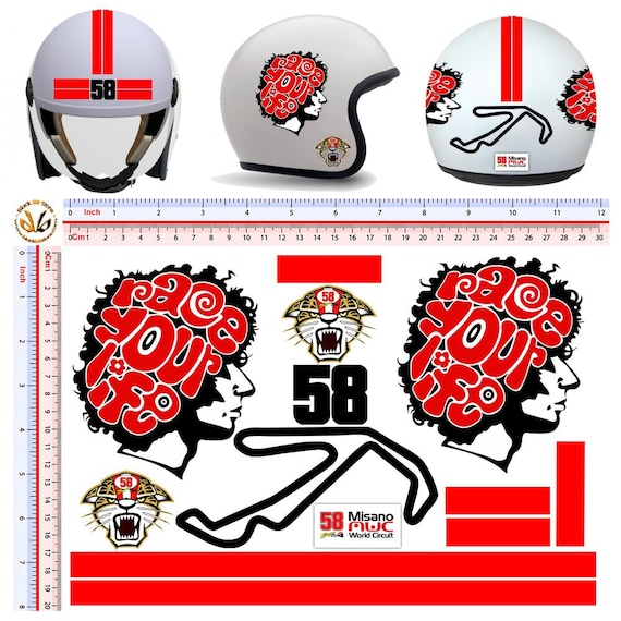 Adesivi casco circuito misano marco simoncelli race your life moto sticker  number 58 tiger sic misano circuit helmet decal tuning 13 PZ. -  Italia