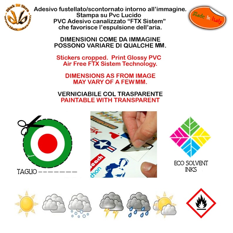 Pu&ograve; includere: Un foglio di adesivi con vari disegni, tra cui un cerchio rosso, bianco e verde, una stella, un cavallo e una scena di spiaggia. Gli adesivi sono stampati su PVC lucido e sono ritagliati. Il testo sul foglio recita "Stickers cropped. Print Glossy PVC Air Free FTX Sistem Technology. Dimensions as from image may vary of a few mm. Verniciable col trasparente Paintable with transparent".