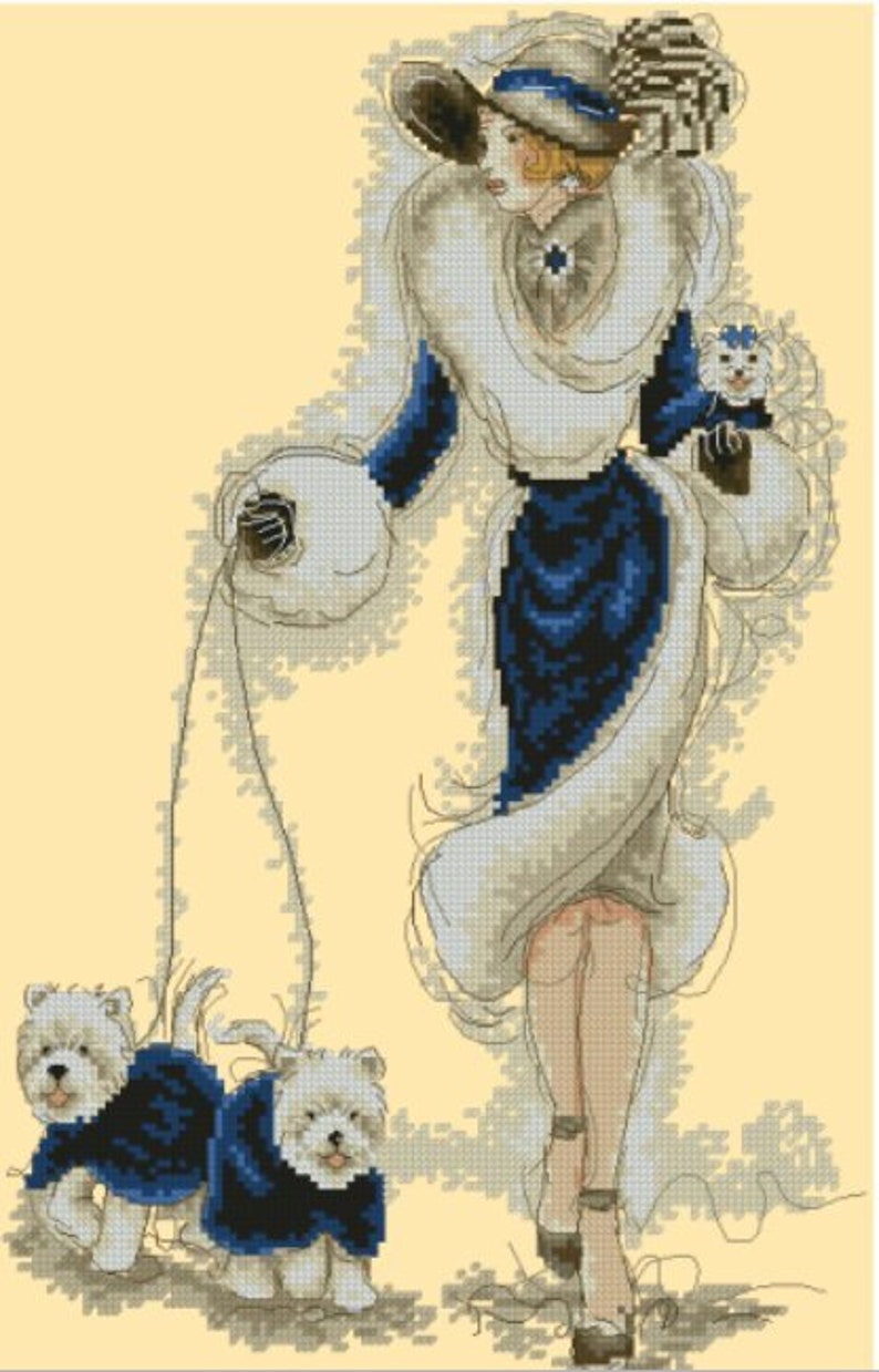 Cross stitch pattern Lady with dogs in blue PDF woman and dogs Instant download