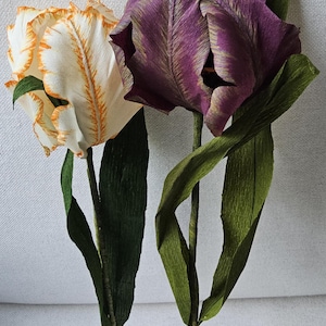 Hand Painted Realistic Crepe Paper Parrot Tulips Handmade Botanical Floral Decor