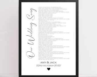 First anniversary gift, wedding song lyric print