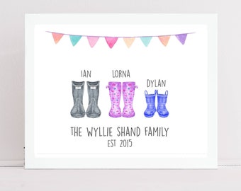 Personalised Family Wellies Print, family welly print gift, new home print, welly illustration print