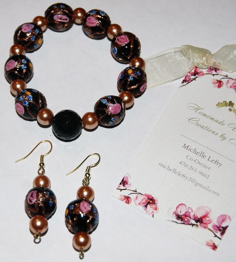 bronze and pink flower set Black