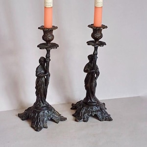A Lovely Pair of Empire style, Vintage Bronze/Metal, Pedestal Figurine, Candlesticks/ Candelabra, Candle Holders found in Normandy France