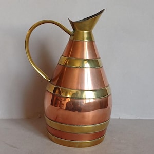 A Lovely Small sized, Hand Made, French, Vintage Coopered, Decorative Copper and Brass Metal Wine/Cider Jug / Carafe from Normandy France
