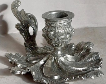 A Lovely Decorative, Vintage Art Nouveau Style, Silver Colour Pewter metal, Bed chamber portable, Candlestick holder found Normandy, France