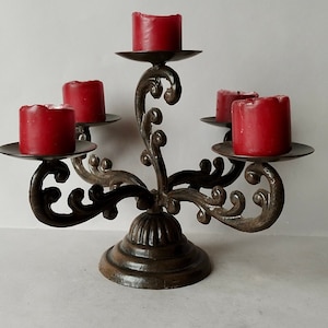 A Lovely Vintage, Short Brown Enamel and Scrolling iron or Decorative Metal, 5 Candle Holder or Candelabra Centrepiece from Normandy France