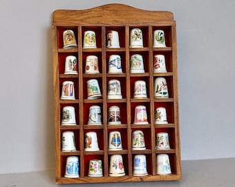 A Lovely Collection of Thirty, Collectible, Sewing Mixed Theme, Retro, Vintage, Thimbles of Great Britain, including the Wooden display case