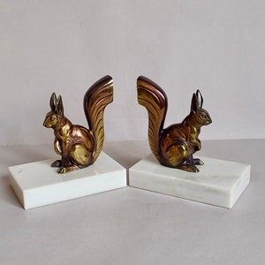 A Lovely Pair of Small Vintage Art Deco Style Bronze metal and Marble -  Pair of Squirrels or Écureuils - Book ends found in Normandy France