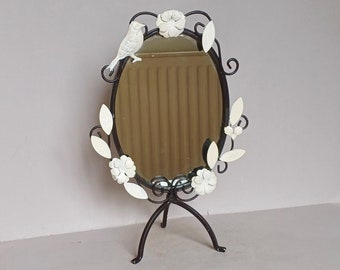 A Lovely Cute Small, Vintage Black metal -  Bird, Country style Vanity mirror, Table Mirror, Makeup Mirror, Bathroom Mirror, found in France