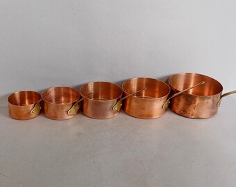 A Lovely Nest Set of 5, Vintage Mini Copper Pans with Brass Handles, handmade in France, great for small serving or for Kitchen Display