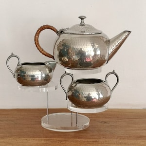 A Beautiful small Silver Pewter Coffee or Tea Pot Set with Milk and Sugar bowl - Art Deco style with Display stand + hallmark, found France