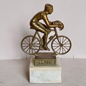 A Lovely Small Vintage, Bronze Colour Metal on Marble, Cycling or Cyclist Figurine, Statue or Trophy in Art Deco style found Normandy France