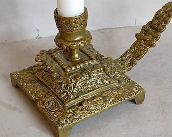 A Lovely Antique Art Nouveau Brass or Bronze metal French Bed chamber portable,  Candlestick holder and found in Normandy France