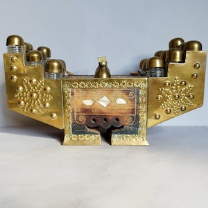 A Lovely Vintage Turkish Hand Crafted Brass Shoe Shine Box in Wood, Copper and bone inlay. Vintage Boot Cleaner, found in Normandy France.