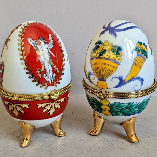 A Lovely Pair of Vintage, Faux Faberge Type, Ceramic Decorated Egg, Ornamental Ring box, Antique gold box, Art nouveau style Jewellery box