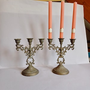 A Lovely Pair of Mid Size, Art Nouveau Style Vintage Bronze colour Metal Alloy Double Candelabra, 2 Candle Holders found in Normandy, France