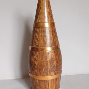 A Lovely and Rare Hand Made French Vintage decorated Copper and wood Barrel Wine/Cider Bottle or Carafe found in Normandy France