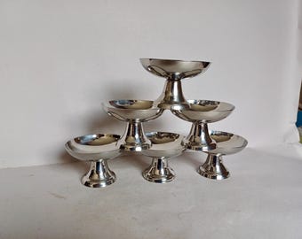 A Lovely Vintage Set of 6 Coupes, Ice cream cups, Stainless steel Sorbet Dish, footed dessert cups, Paris cafe style, found Normandy France