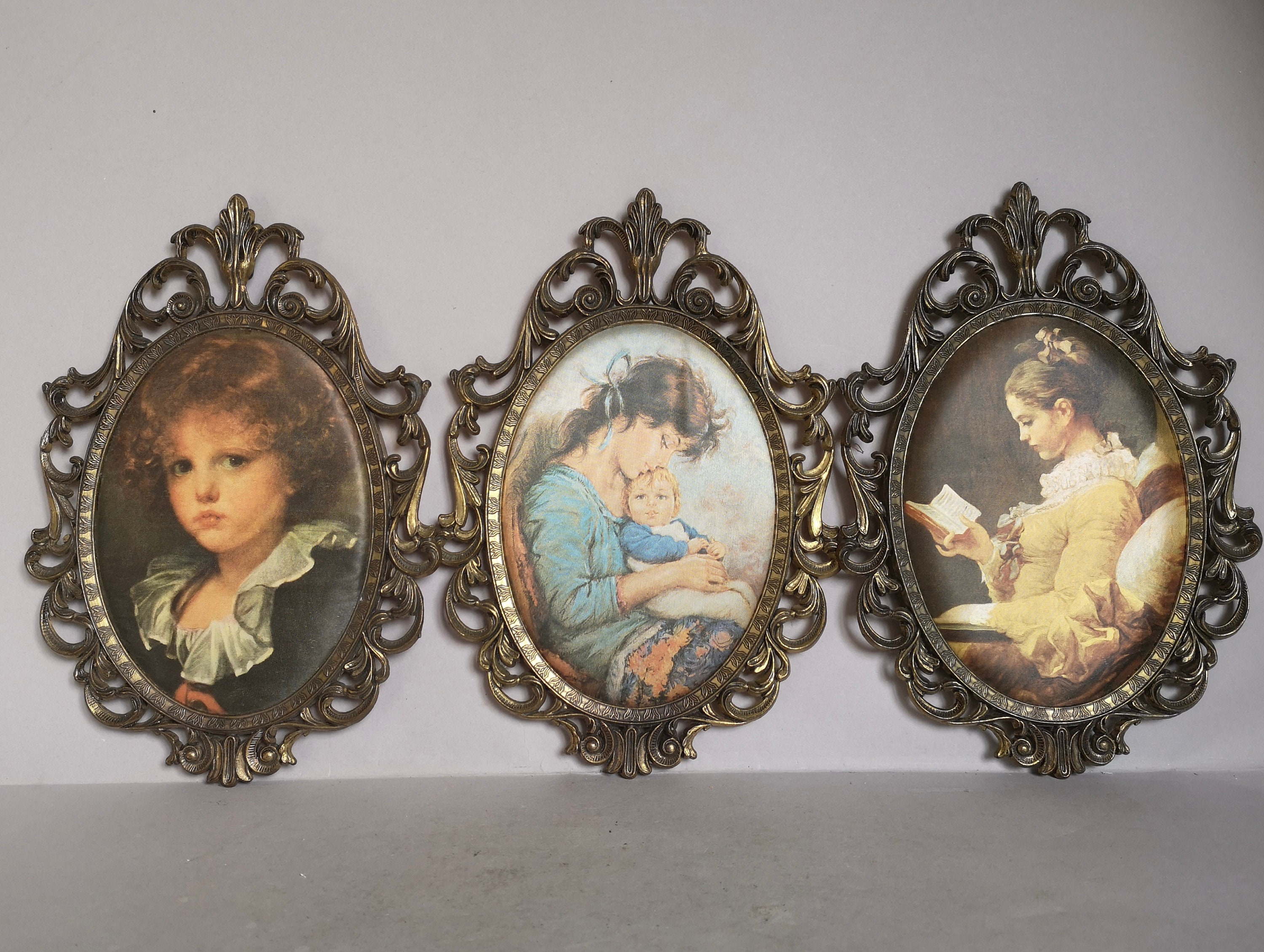 A Lovely Set of Three Small, Vintage, Italian, Brass or Metal, Art Nouveau  Style, Oval Photo or 3 Fabric Picture Portrait's With Frame 